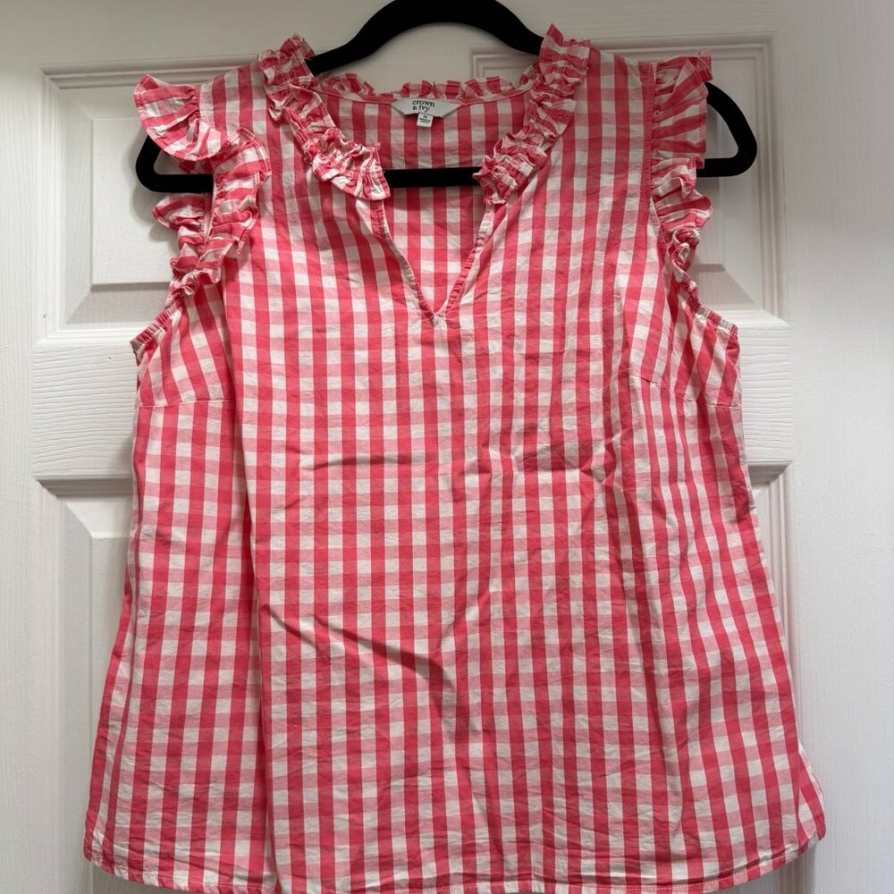 crown & ivy Pink and White Gingham Ruffle Sleeveless Blouse